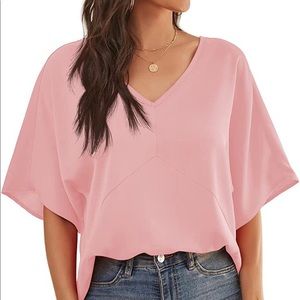 Feiersi Women’s Chiffon V Neck Batwing Short Sleeve Summer Blouse - Pink